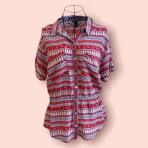 Short sleeve button down boho tribal print blouse size L
